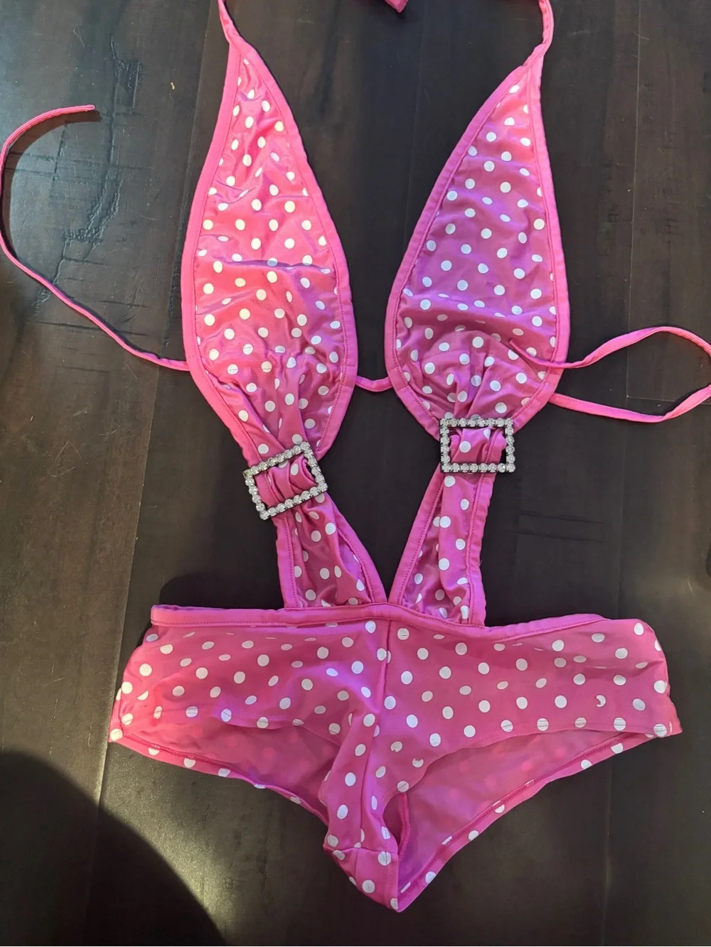 Vintage Y2K Pink Polka Dot Swimwear One Piece Rhinestone one of a kind monokini